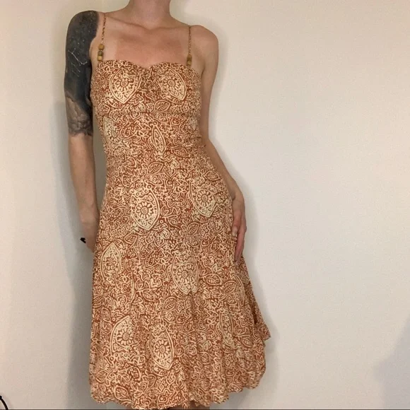 Vintage Midi Orange/Cream Beach Summer Dress, women's size Small - Picture 5 of 12